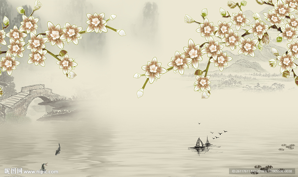 彩雕花卉中式山水画电视背景墙