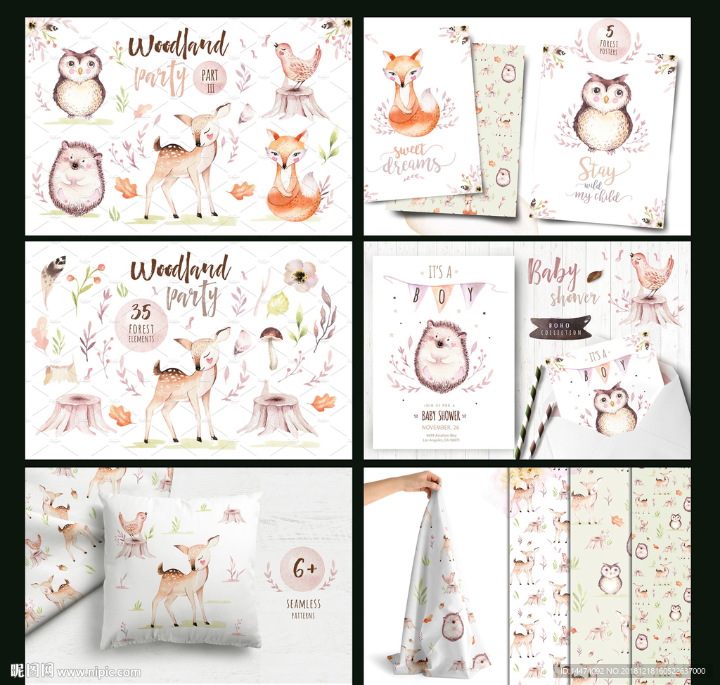 手绘卡通动物植物