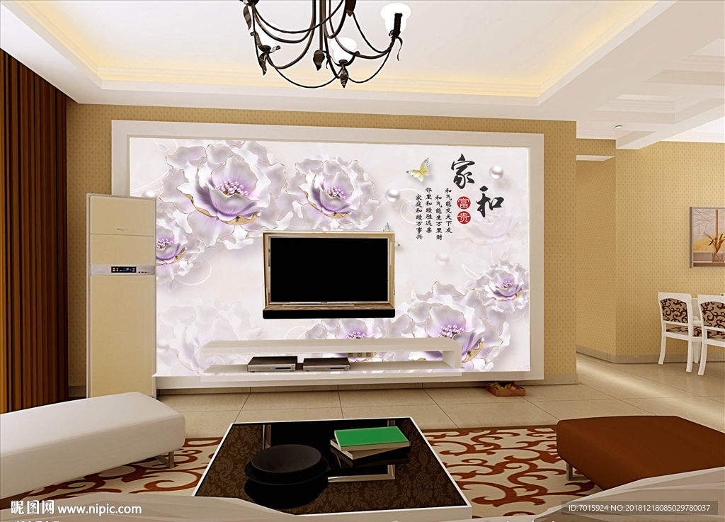 家和万事兴珍珠背景墙壁画