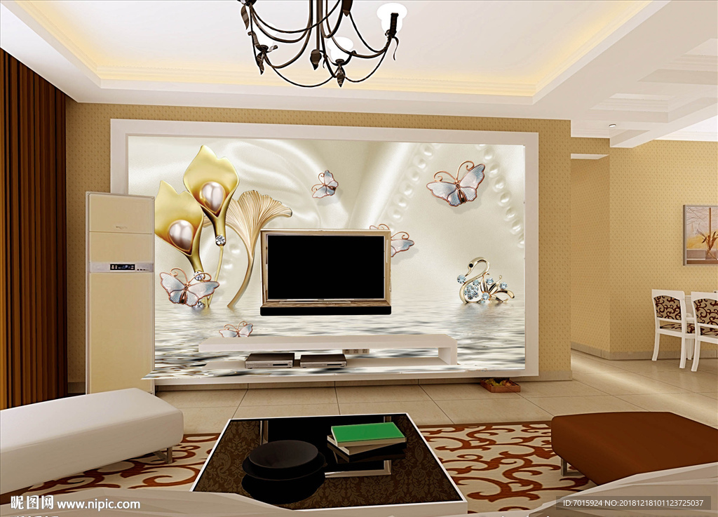 3d立体奢华花朵珠宝电视背景墙