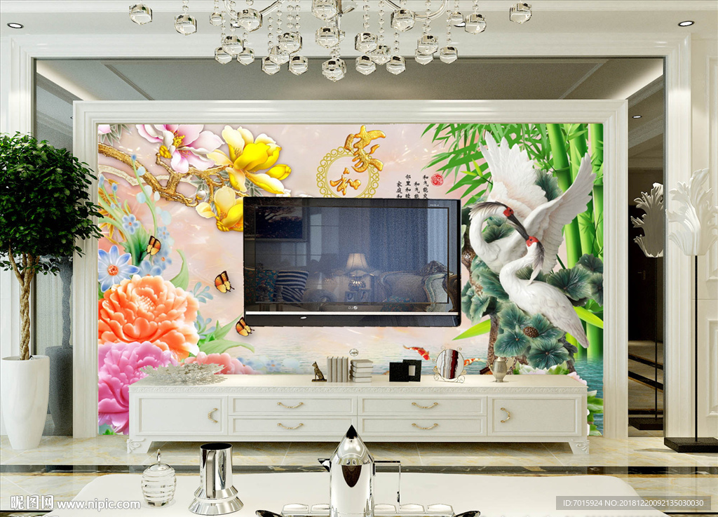 玉雕荷花家和富贵电视背景墙