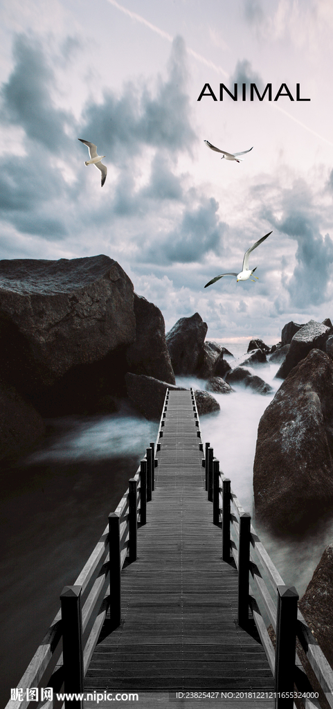 蓝天白云抽象小桥流水装饰画