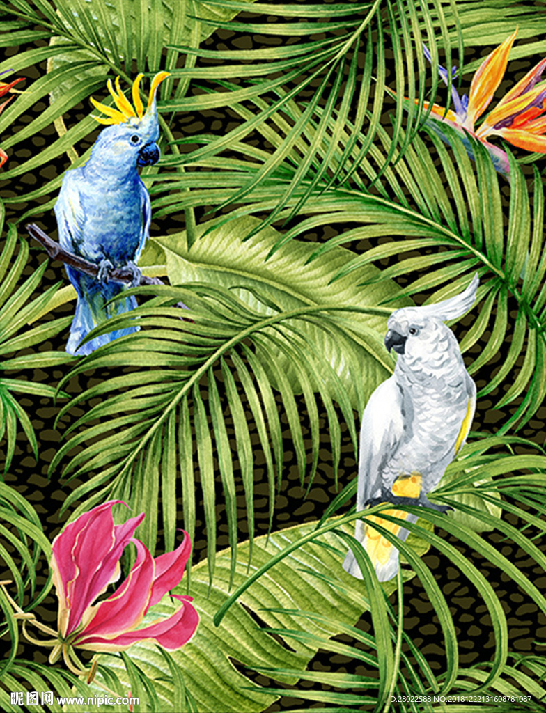 手绘热带植物花卉鹦鹉印花图案