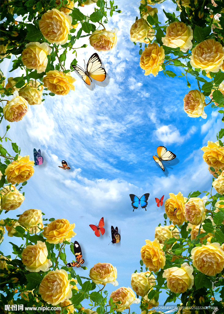 花朵蓝天白云背景墙壁画