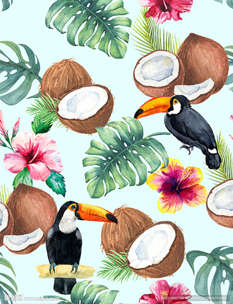 手绘热带植物大嘴鸟椰子果印花图
