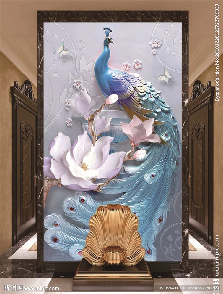 孔雀 花瓶电视背景墙 图片