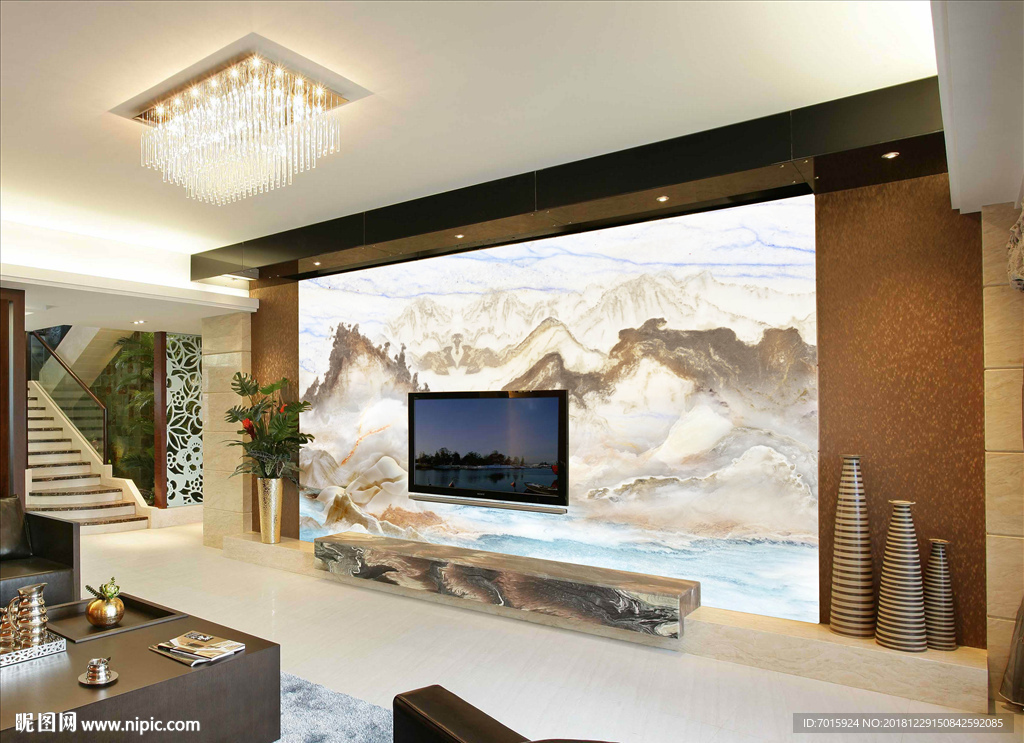 新中式背景墙 流水生财