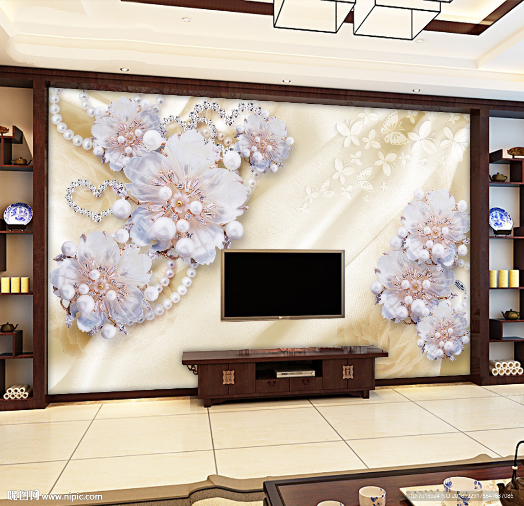 花朵背景 珍珠花朵 丝绸背景