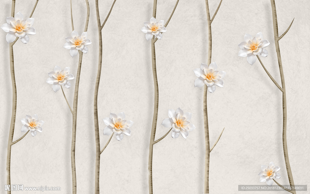 立体花朵树中式玄关屏风创意背景