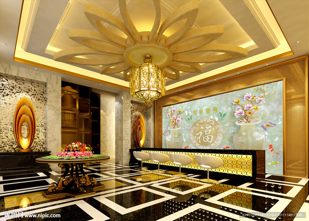 花瓶福字玉雕3D电视背景墙