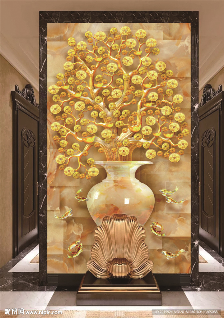 电视背景墙 家和万事兴 发财树