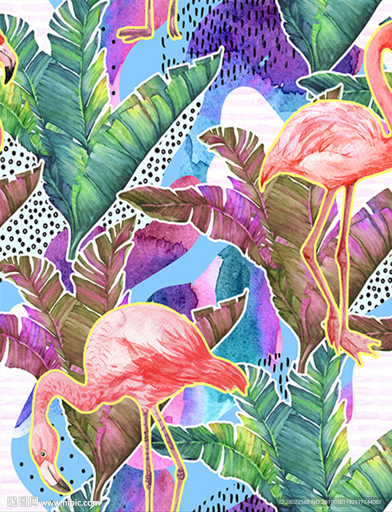 手绘芭蕉叶火烈鸟服装印花图案