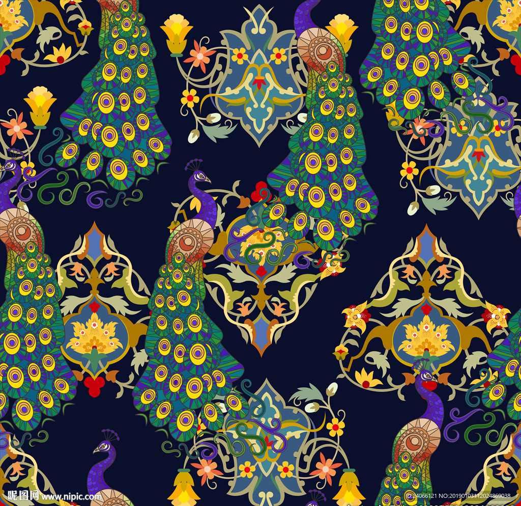 复古风格孔雀羽毛女装印花图案