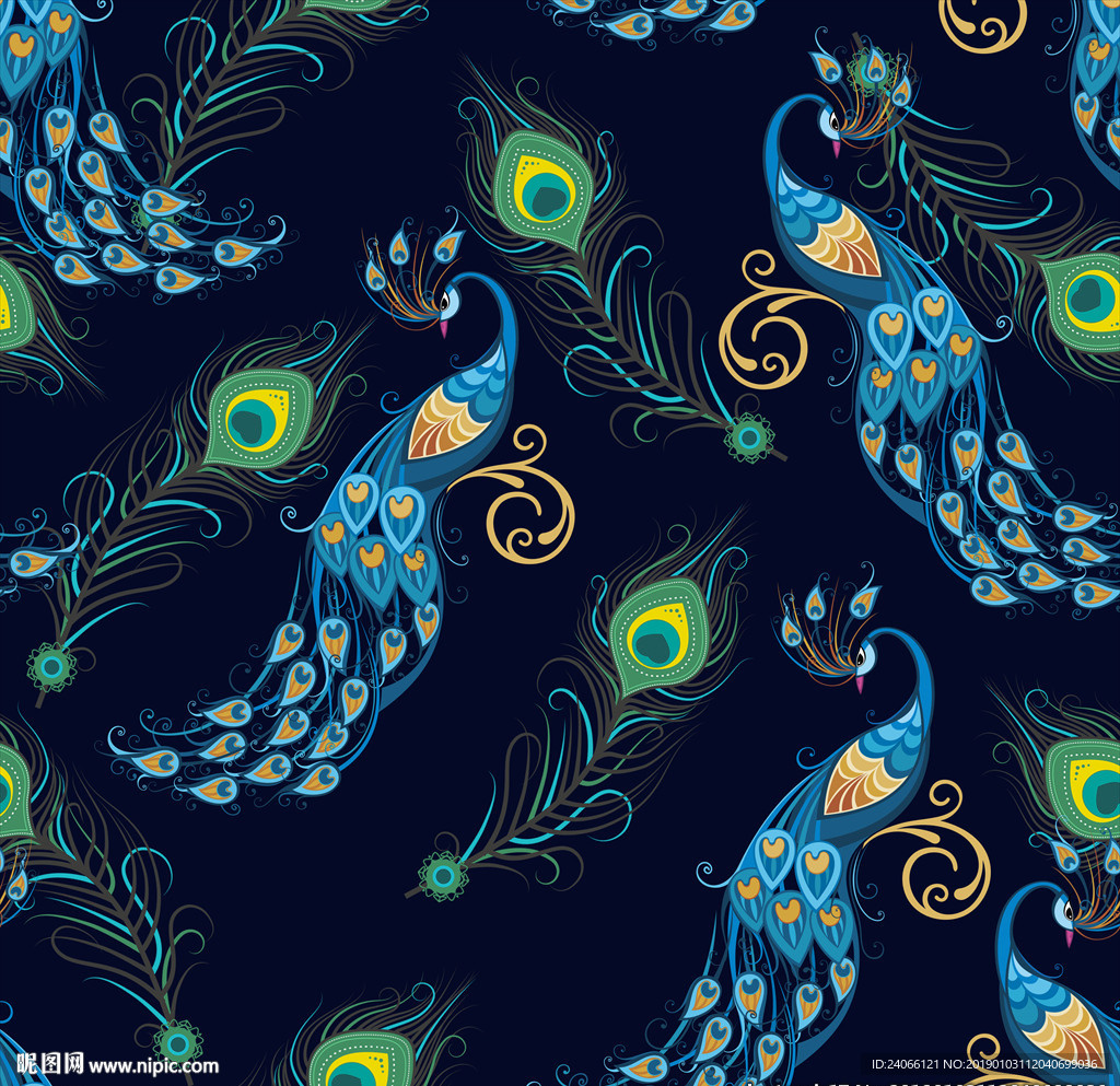 复古风格孔雀羽毛女装印花图案