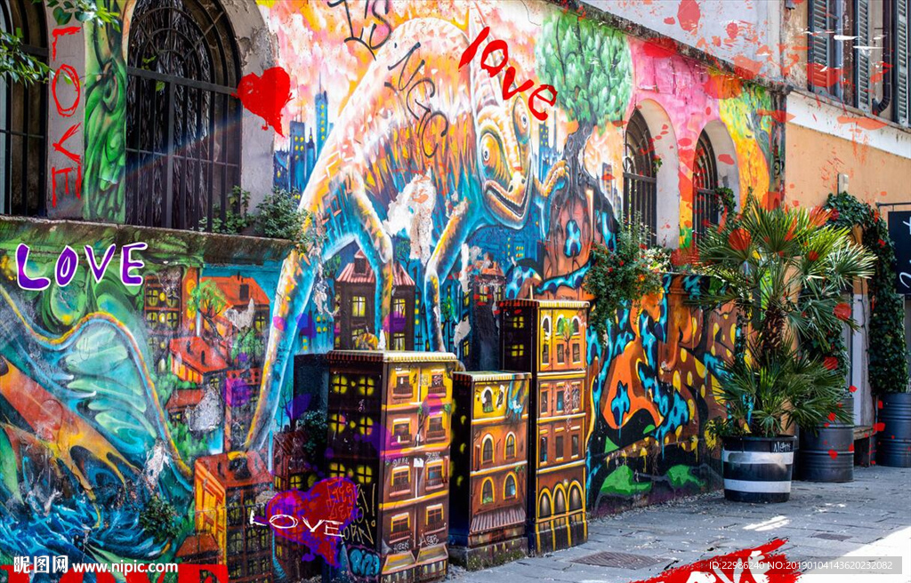 3D立体小巷涂鸦背景墙图片