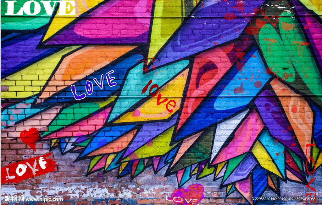 手绘涂鸦五彩翅膀工装背景墙壁画