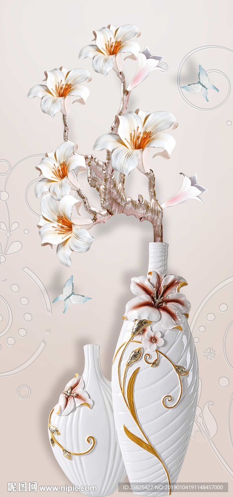 北欧简约浮雕花瓶花卉玄关背景墙