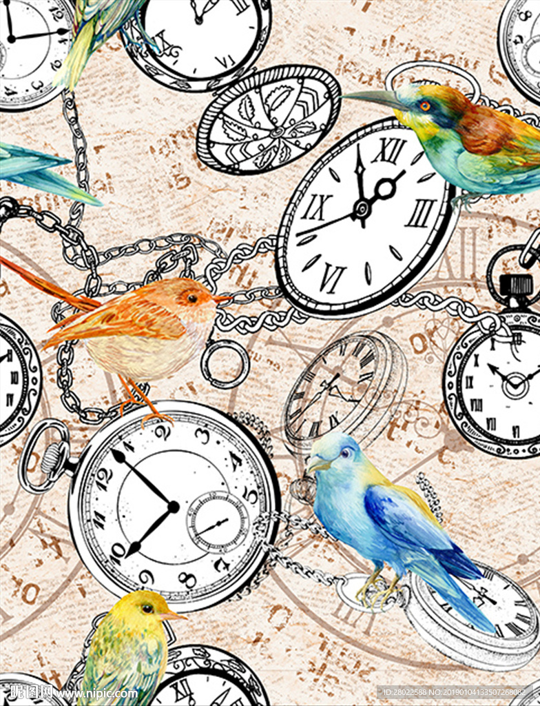手绘怀表钟表小鸟印花图案