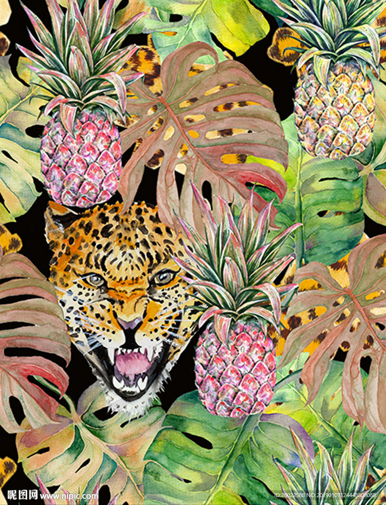 手绘热带植物菠萝豹服装印花