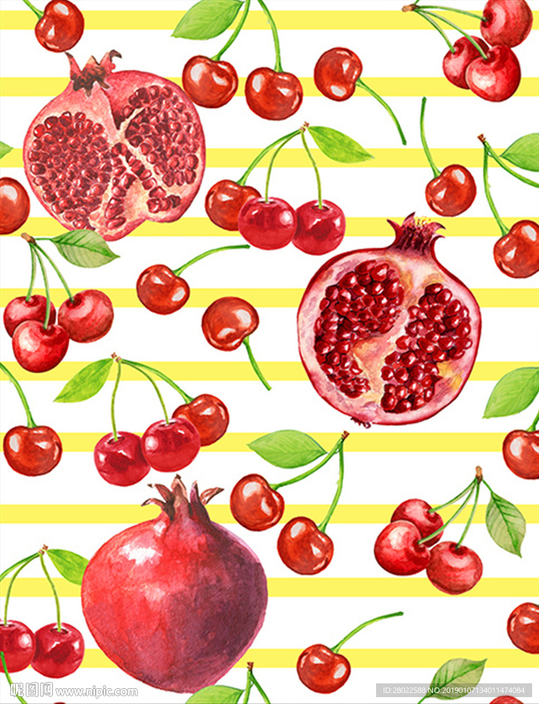 手绘水果樱桃石榴条纹服装印花图