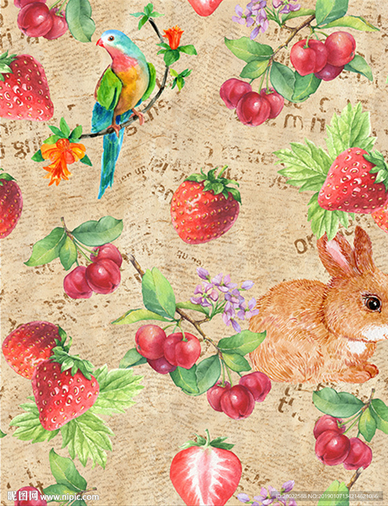 手绘水果草莓樱桃小兔子怀旧图案