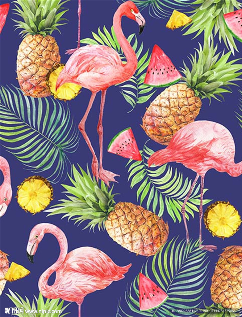 手绘热带植物火烈鸟菠萝西瓜图案