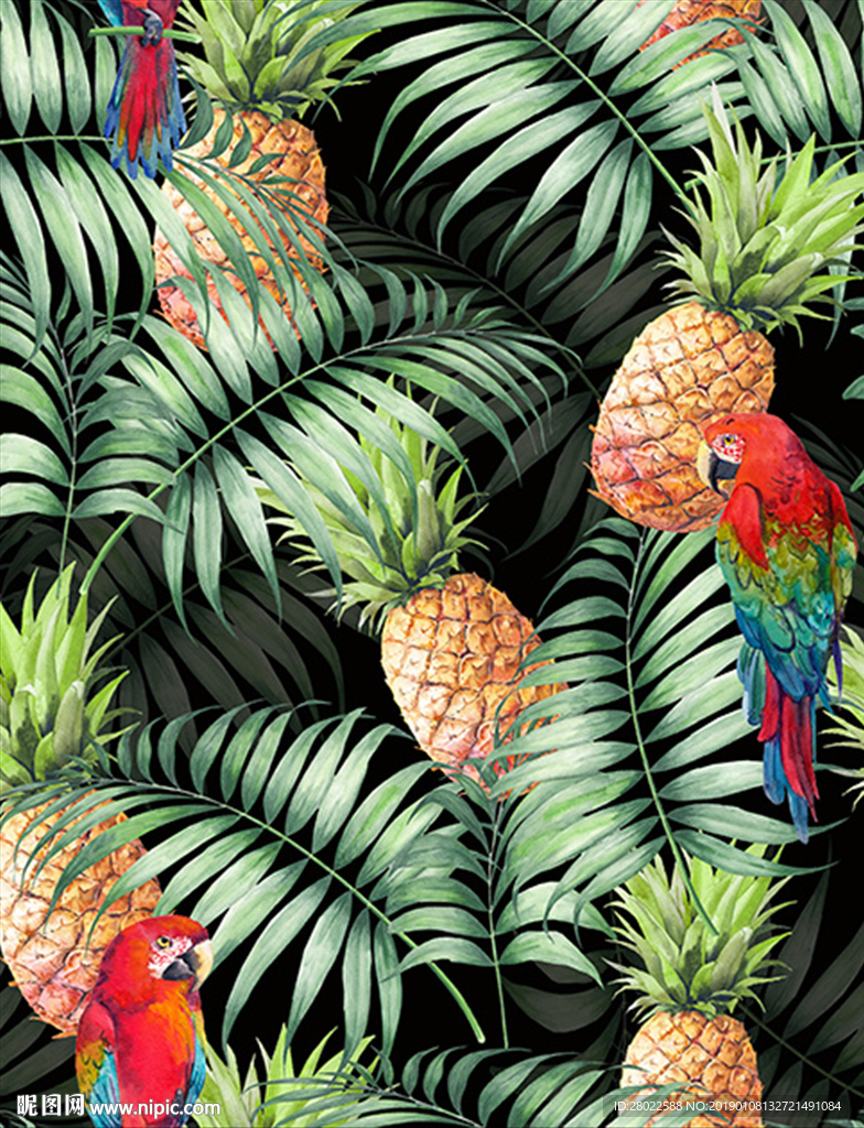 手绘热带植物鹦鹉菠萝图案素材