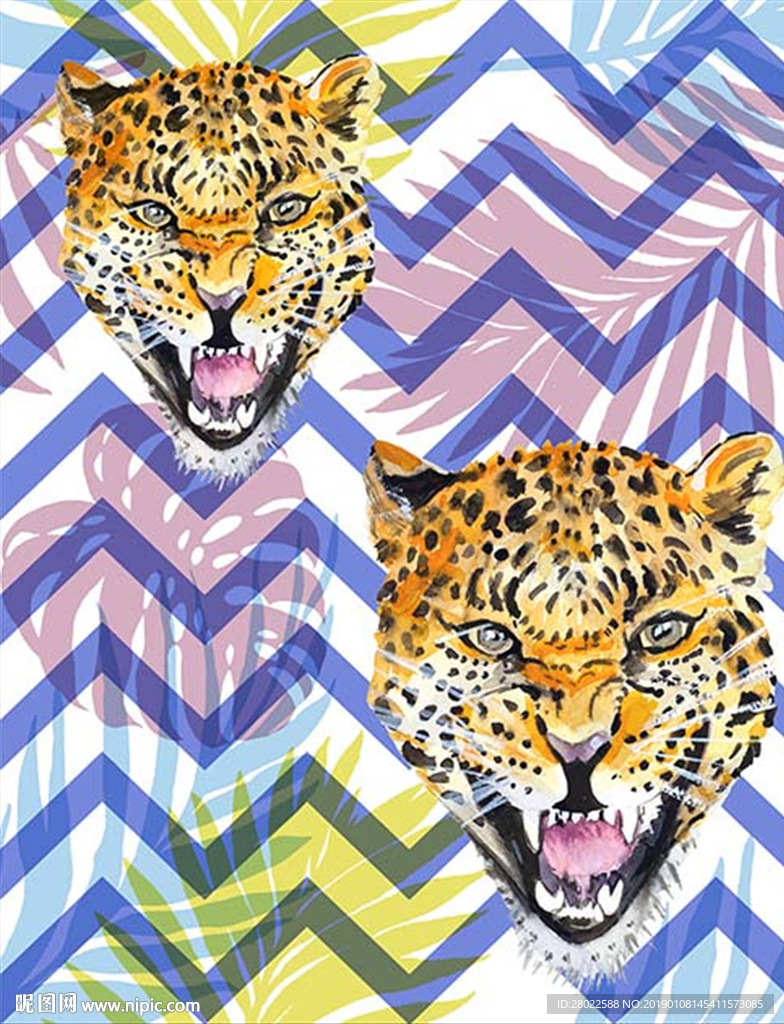 手绘豹动物图案热带植物