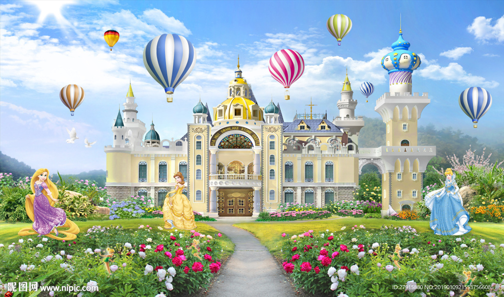 3D花草城堡白雪公主背景墙