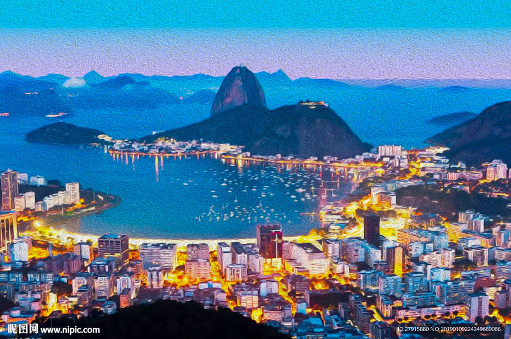 抽象油画建筑夜景背景墙