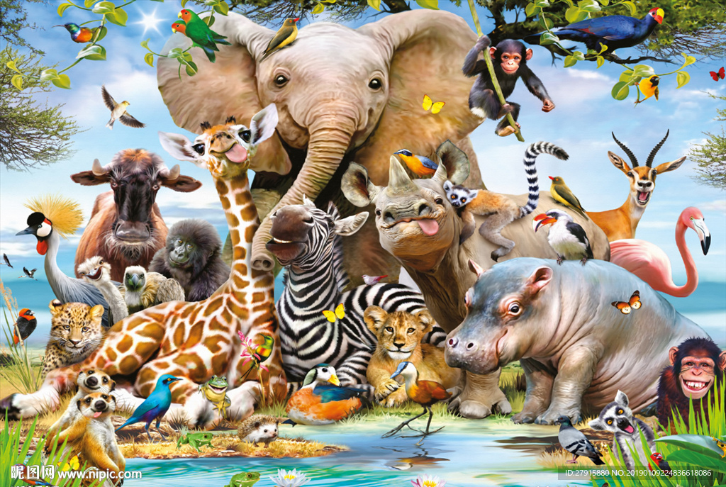 卡通动物森林树木背景墙