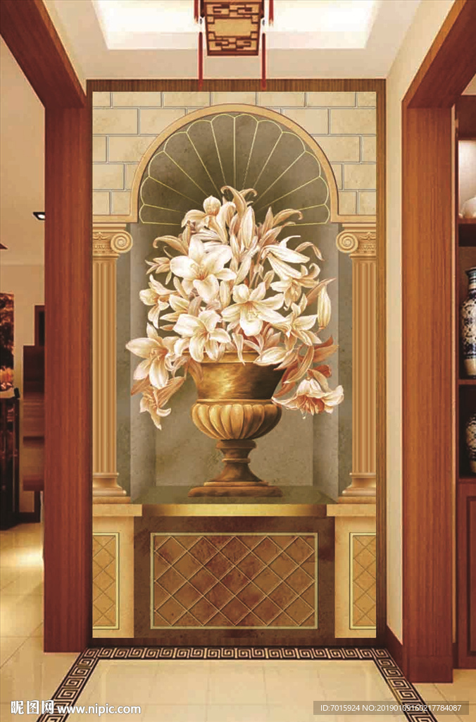 3D花瓶 玄关背景墙 花开富贵