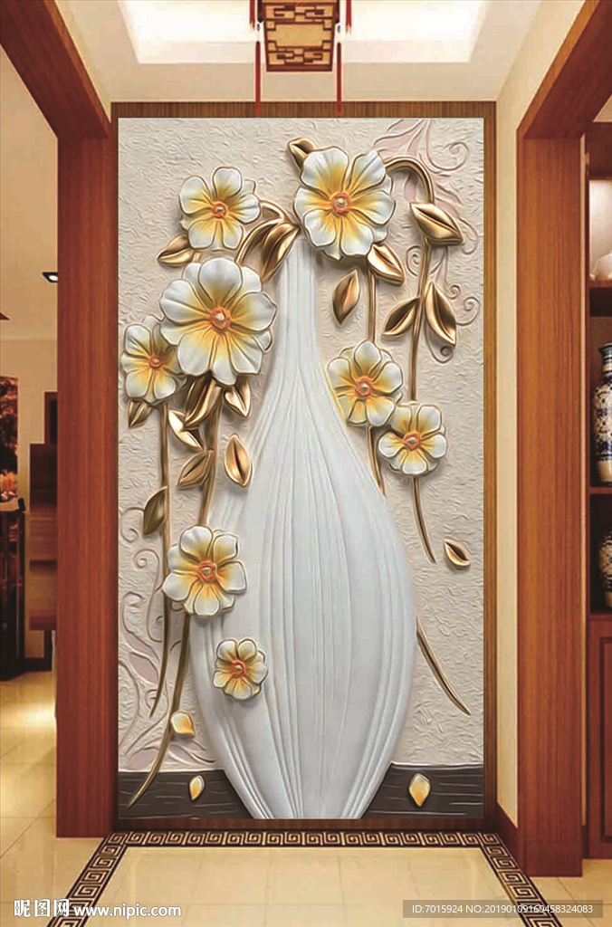 3D花瓶 玄关背景墙 花开富贵