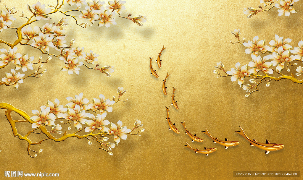 玉兰花九鱼彩雕电视背景墙