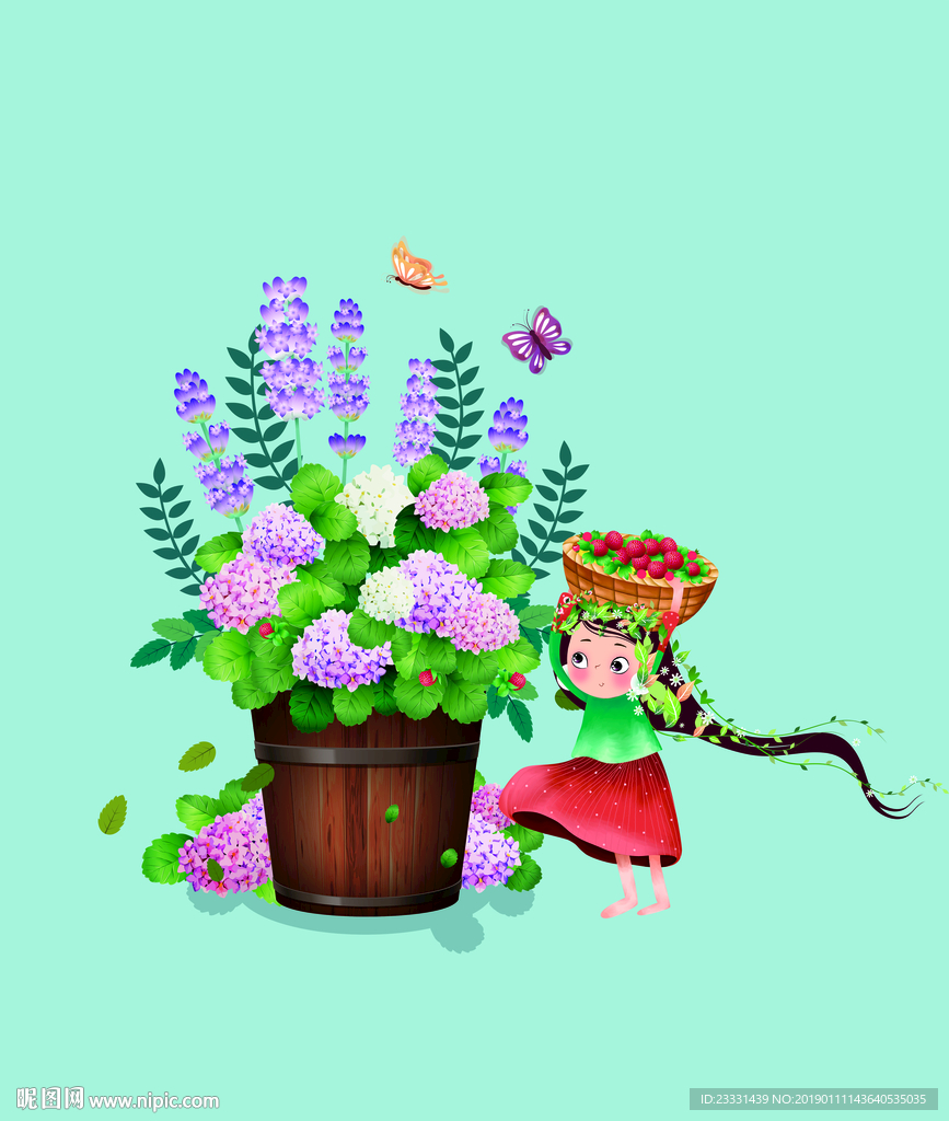 绣球花和草莓女孩