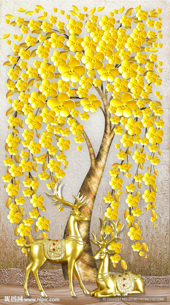 发财树麋鹿玄关屏风背景电视墙壁