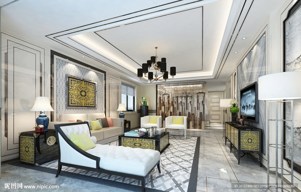 现代别墅客厅  贵妃椅  沙发