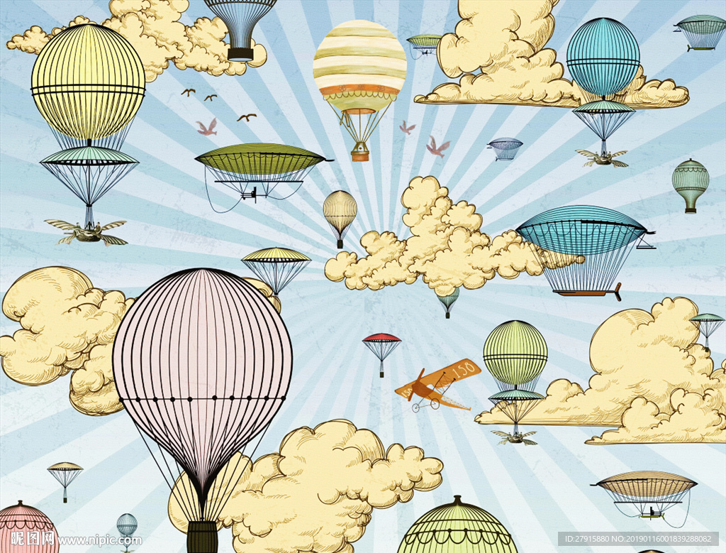 手绘卡通儿童房天空热气球