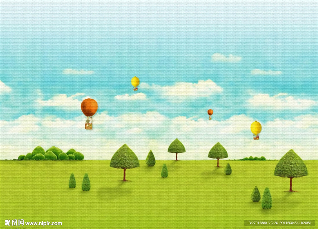 抽象卡通草地热气球背景墙