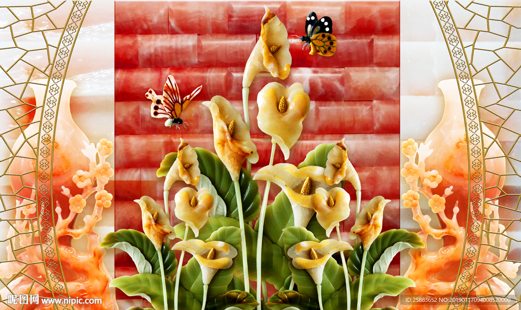 高清马蹄莲蝴蝶玉雕电视背景墙