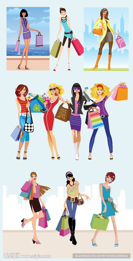 矢量卡通购物女郎人物形象插画