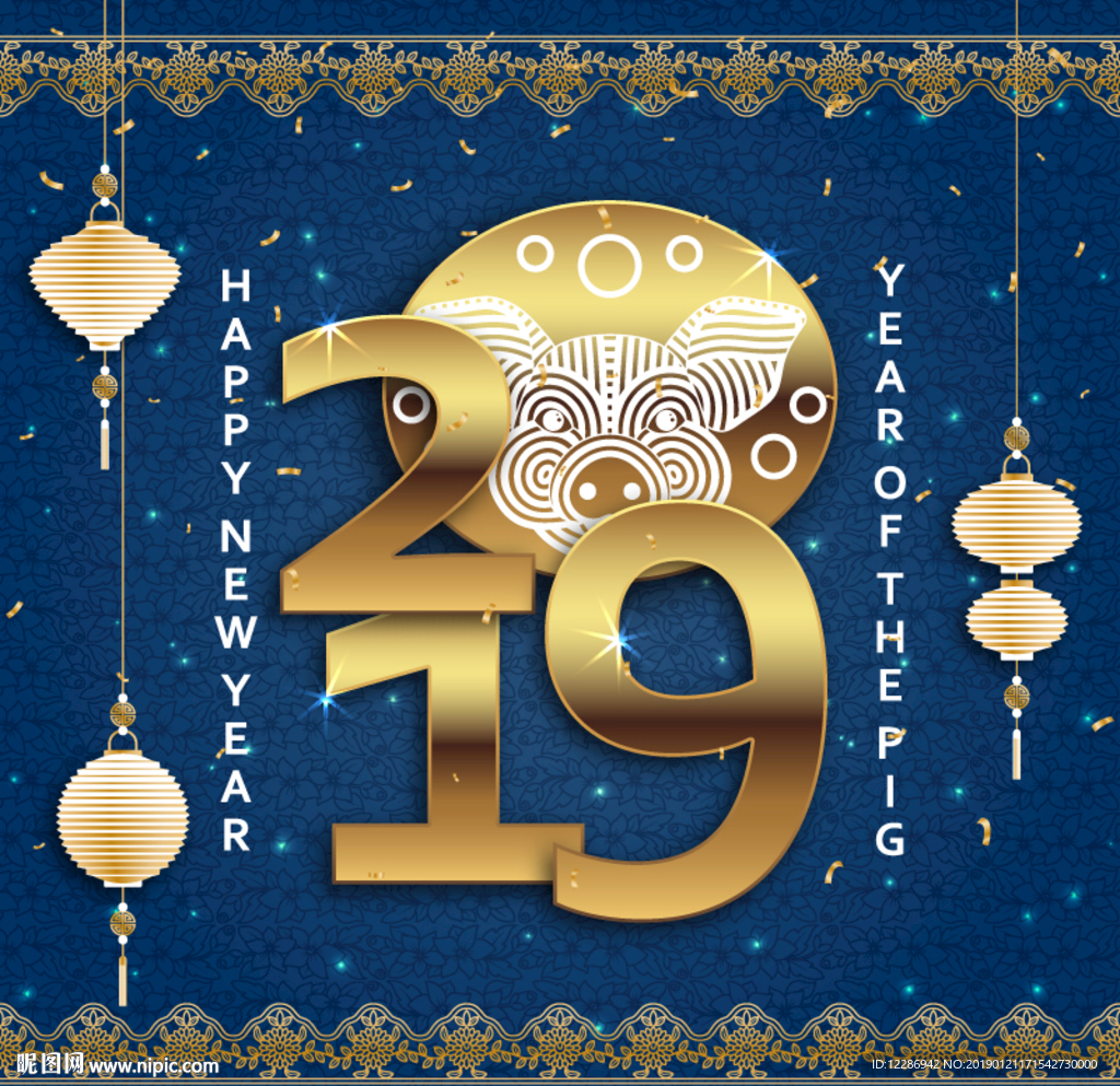 2019猪年春节金色字体海报