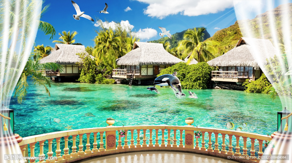 3D阳台窗外海滩海豚椰树背景墙