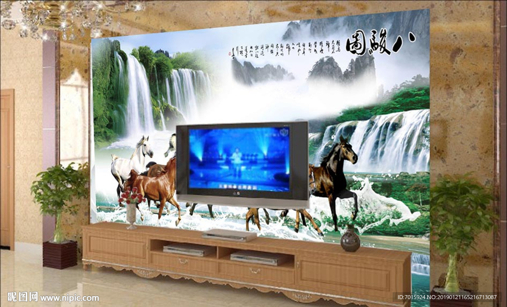 中式背景墙 立体八骏马