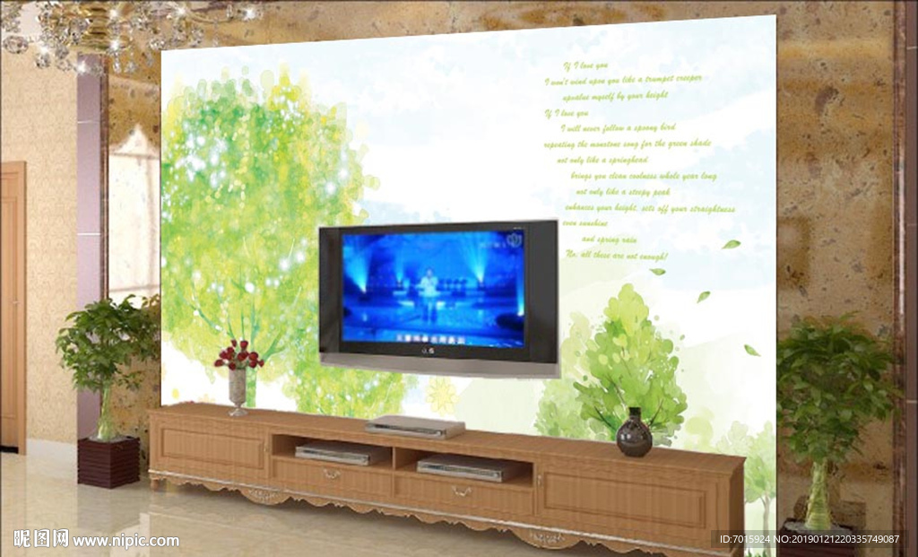 简约水墨油画艺术树电视背景墙