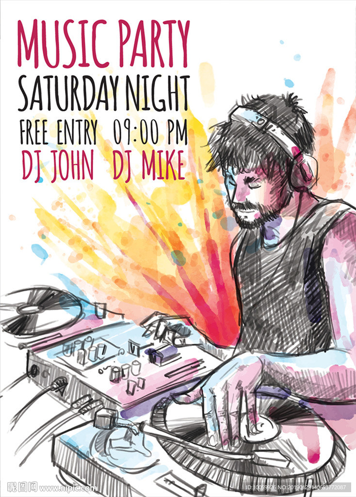 手绘DJ音乐派对海报水彩泼洒免