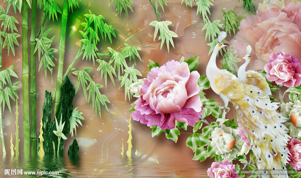 玉雕孔雀牡丹花背景墙