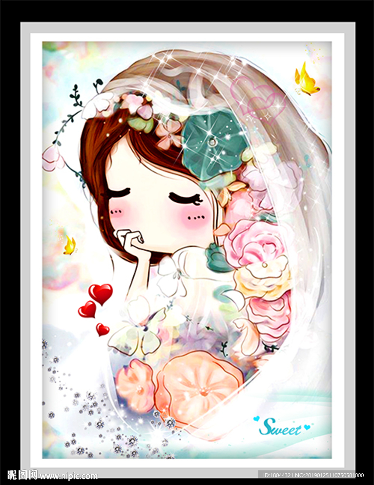 可爱卡通女孩头纱装饰画