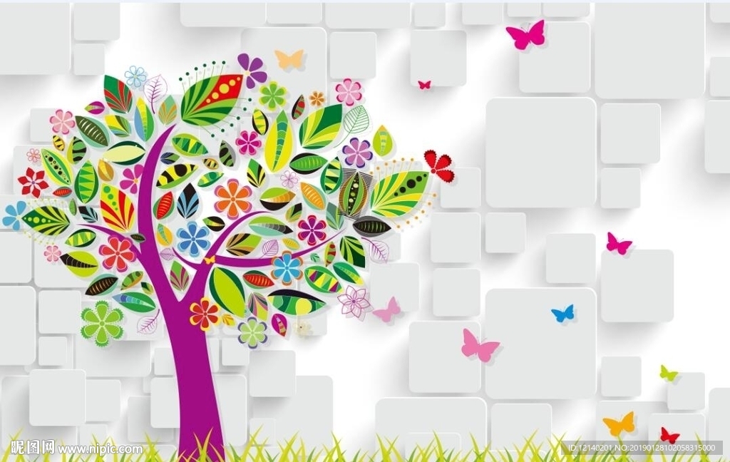 彩色大树蝴蝶立体背景墙