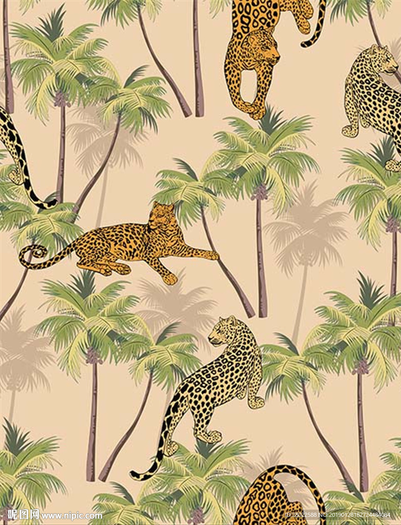 手绘热带植物椰子树老虎印花图案